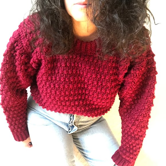 Vtg Hand Knit Bobble Pompom Popcorn Wool Sweater - Picture 11 of 16